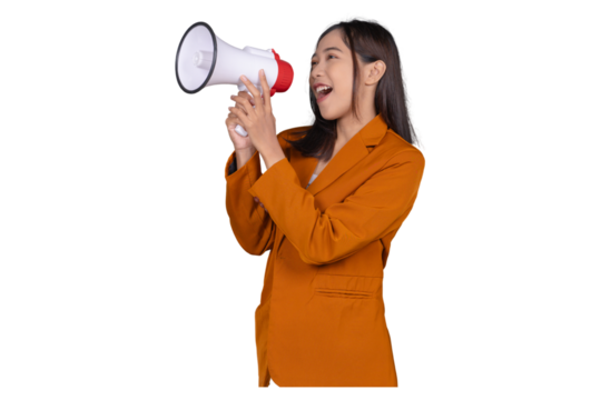 Portrait of Young Businesswoman with Megaphone Isolated Transparent