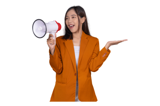 Portrait of Young Businesswoman with Megaphone Isolated Transparent