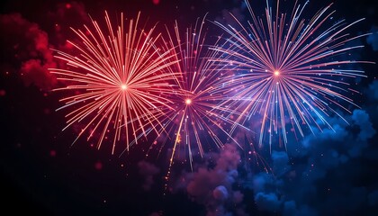 Naklejka premium Vivid Red And Blue Fireworks Display At Night