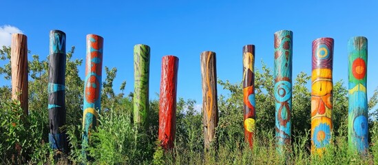 Colorful Painted Poles Surrounded by Greenery Under a Clear Blue Sky in a Vibrant Outdoor Setting