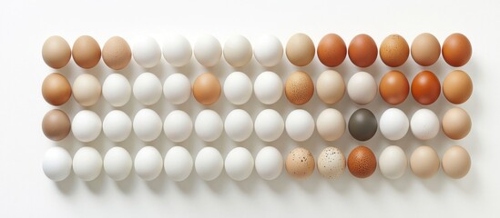 Assorted eggs arranged in a grid on a white background showcasing various colors and textures for culinary and agricultural themes.