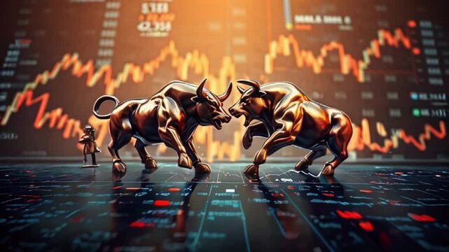 Bull and bear symbols made of digital data particles, fighting over a glowing stock market chart. The background features a cyberpunk aesthetic with stock exchange numbers and financial trends.