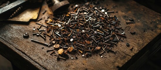Rusty metal nails and screws scattered on a wooden workbench showcasing a vintage workshop environment.