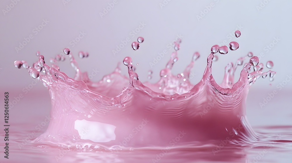 Fototapete vibrant and colorful dynamic splashing water droplets movements captured in a pink transparent backg