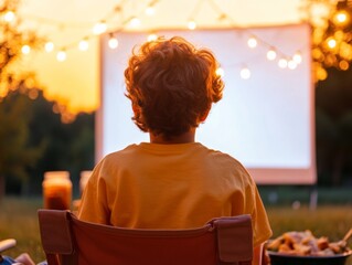Golden-Hour Backyard Sports View Cozy Outdoor Projector Setup with Lawn Chairs and String Lights for Social Gatherings Enhancing Casual Entertainment and Community Bonding