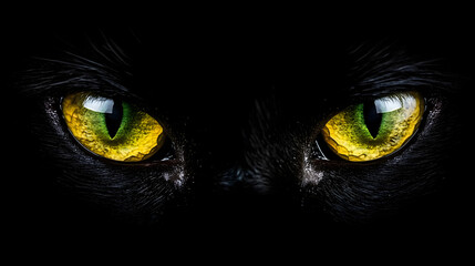 Close-up of the green-eyed cat's eyes, reflection photography, primitivism, 2K, high resolution. 