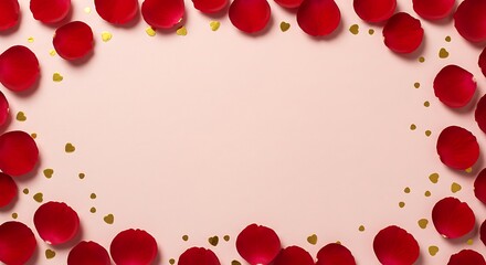 Red Rose Petals and Gold Hearts Frame on Pink Background