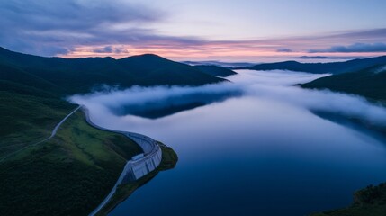 Serenity of Nature-Inspired Hydroelectric Power Sustainable Landscape with Morning Mist Over Vibrant Greenery and Blue Waters - Renewable Energy and Environmental Protection Solutions
