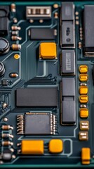 Close Up of Detailed Circuit Board with Green and Yellow Components
