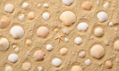 Foreground of shells on sandy beach