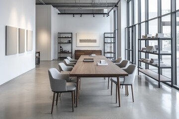 Fototapeta premium Modern Office Interior Design: Elegant Workspace with Wooden Table and Gray Chairs near Large Windows, Showcasing Minimalist Style