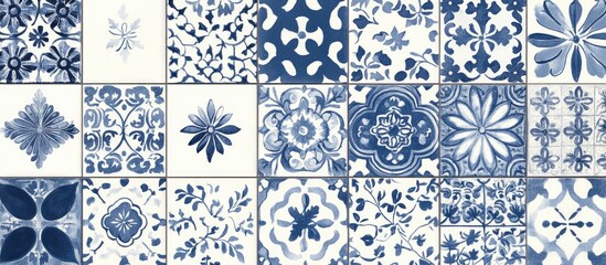 Vintage blue and white decorative tiles featuring intricate floral patterns from Viana do Castelo Portugal