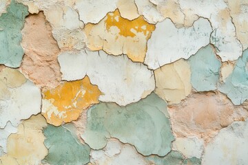 Naklejka premium Cracked pastel wall with peeling paint, yellow, white, and green hues. Ideal for backgrounds, textures, or projects needing a vintage, distressed look.