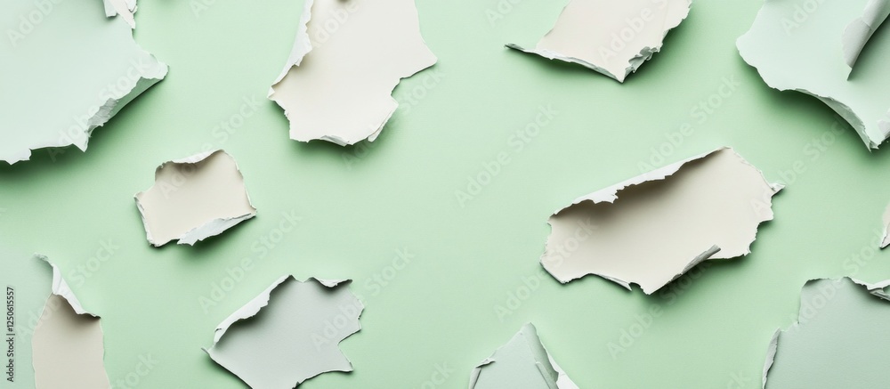 Poster torn paper texture in various shapes laid out on a soft green background creating a visually appeali