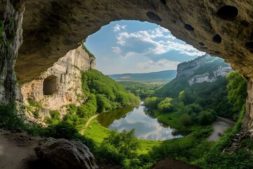 Fototapeta premium Cave view scenic valley, river, summer