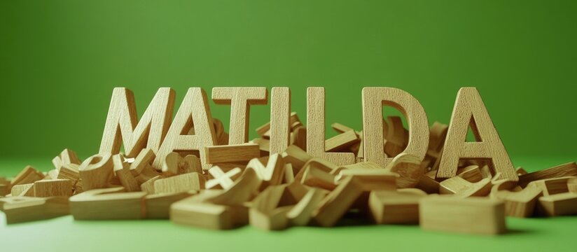 Modern wooden letters spelling MATILDA on a green background, showcasing trendy baby girl fashion in a playful and vibrant setting.