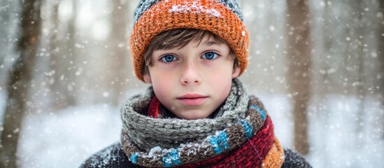Winter portrait of a boy with blue eyes wearing a hat and scarf in a snowy forest with space for text overlay or promotional use