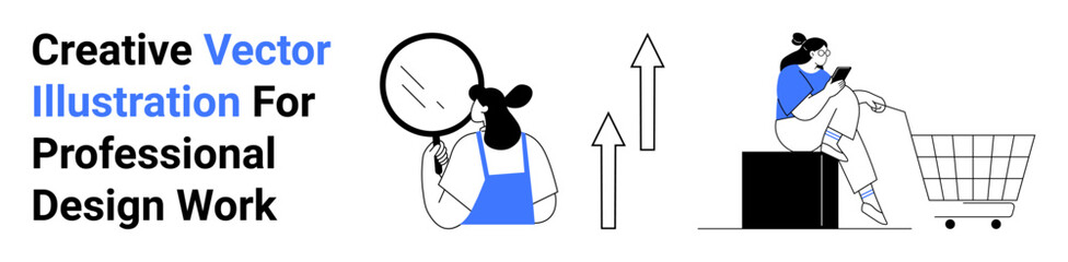 Woman holding a magnifying glass, growth arrows indicate analytics. Shopper reading reviews on phone by cart. Ideal for e-commerce, online shopping, research, business growth, marketing, analytics