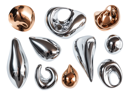 3D render of fluid chrome liquid shapes isolated on white background PNG.AI GENERATED