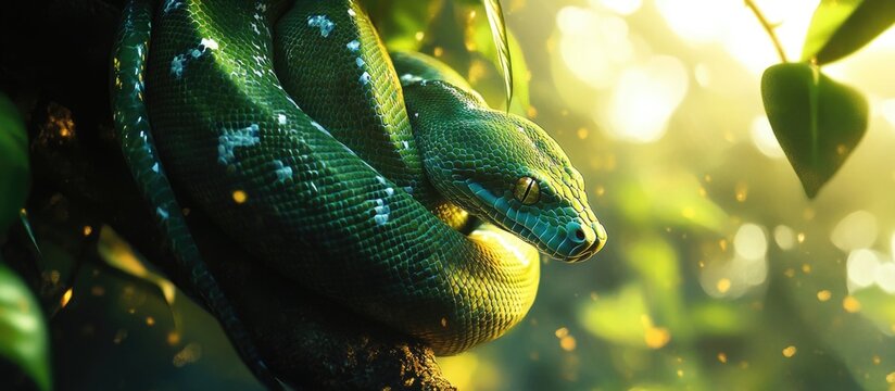 Portrait of a green tree python nestled among leaves with sunlight softly illuminating its vibrant scales and tranquil surroundings.