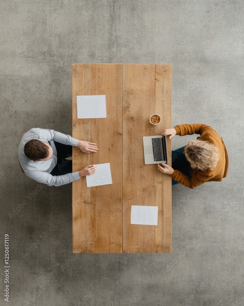 Fototapete Rustic Collaborative Workspace Natural Wooden Shared Desk with Laptops and Notepads - Contemporary Workplace Design and Informal Business Environment for Enhanced Team Productivity