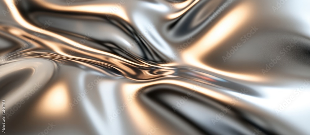 Poster reflective polished metal surface with fluid-like texture and luminous highlights creating an abstra