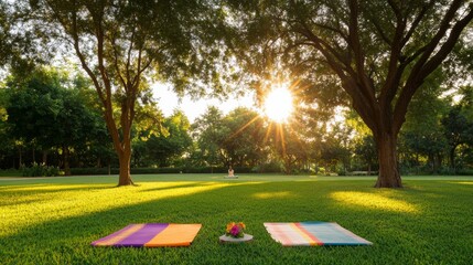 Serene Outdoor Yoga Class in Lush Park Setting Colorful Mats and Natural Light - Community Wellness Venue and Mindful Relaxation Content for Eco-Friendly Marketing