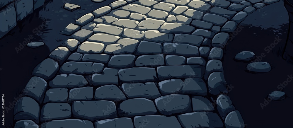 Poster paved cobblestone road background design with shadow effects and empty space for text in a 2d artist