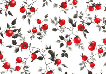 Flying small tomatoes in a pattern, isolated on a white background. 