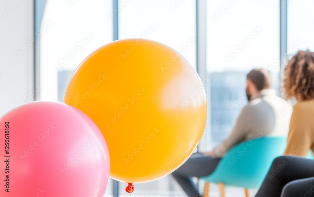 Aufkleber vibrant office relaxation team brainstorming in lively open workspace with comfy chairs and balloons