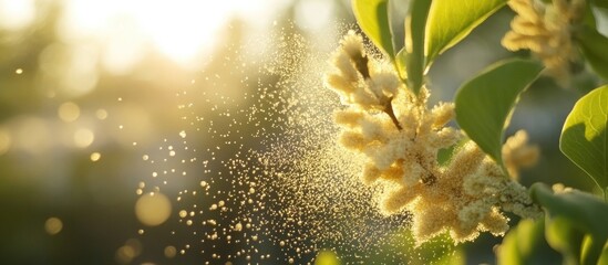 Golden Poplar Pollen Released in Springtime with Soft Focus and Sunlight Filtering Through Leaves