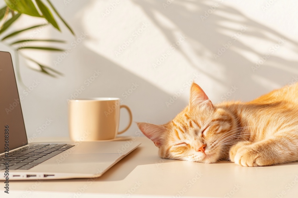 Poster contemporary pet-friendly office minimalist desk with laptop and cat - enhancing work-from-home spac