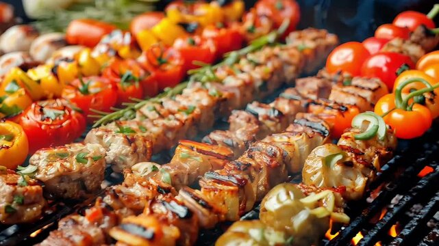 Grilled vegetable and meat skewers sizzling on bbq with smoke and flames