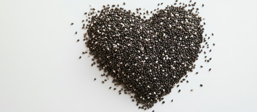 Chia seeds arranged in a heart shape showcasing their health benefits on a clean white background