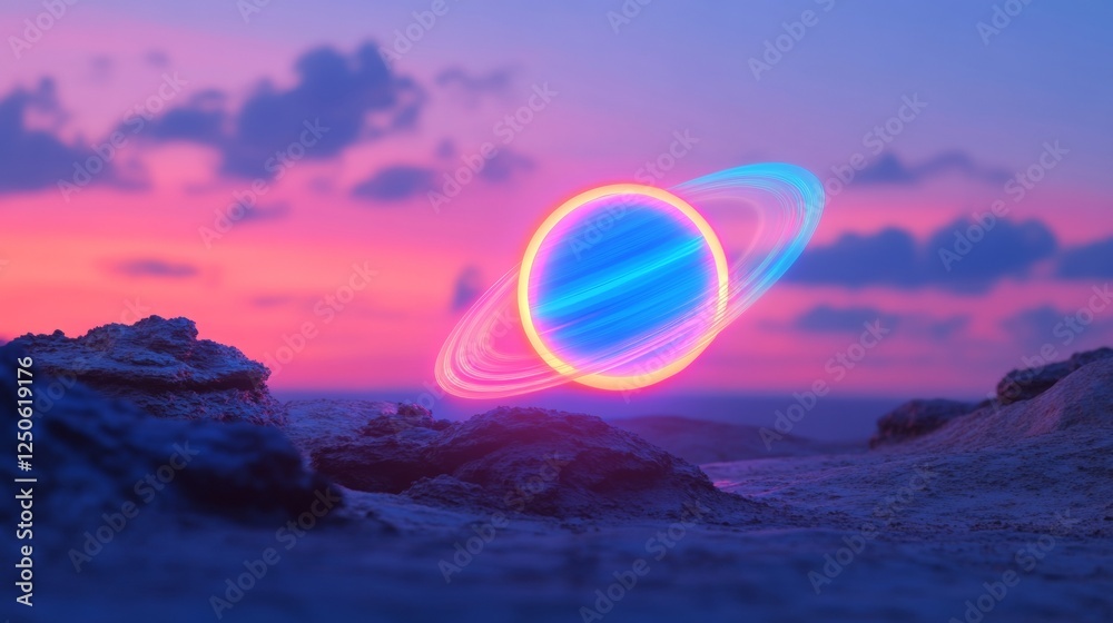 Poster Neon Cosmic Display Vibrant Alien Planet with Floating Rocks and Bioluminescent Foliage - Sci-Fi Concept Art for Futuristic Digital Design and Immersive World-Building