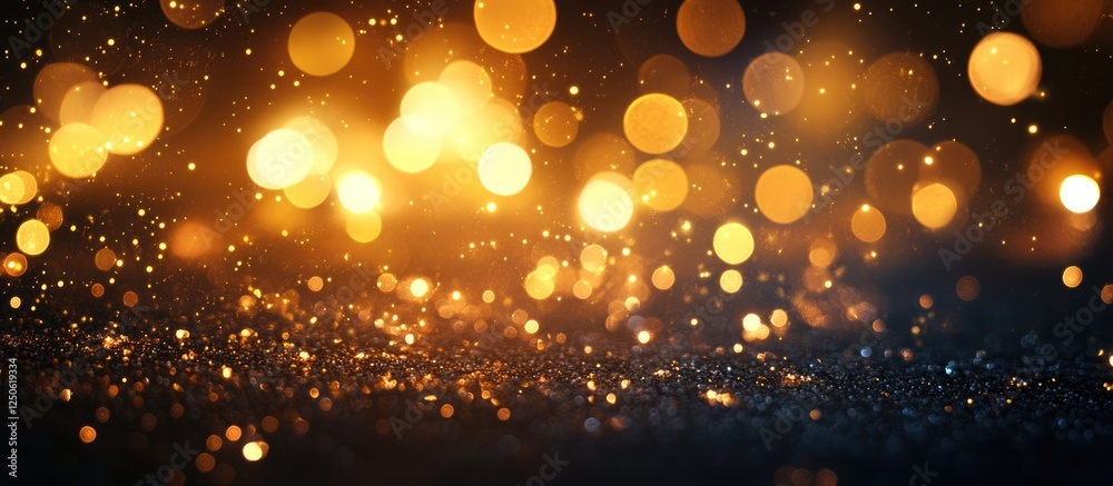 Poster bokeh lights effect background with glittering particles and space for text overlay in golden and bl