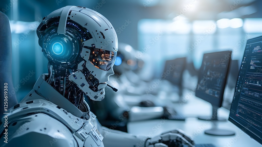Poster futuristic robotic cyborg analyzing complex data and information on multiple screens in a high tech 