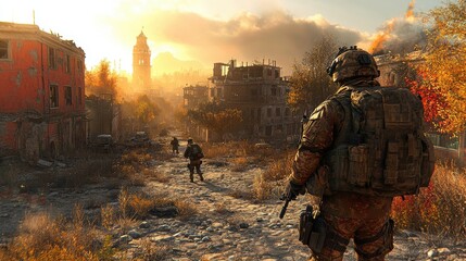 Naklejka premium Soldiers navigate a desolate urban landscape at sunset.