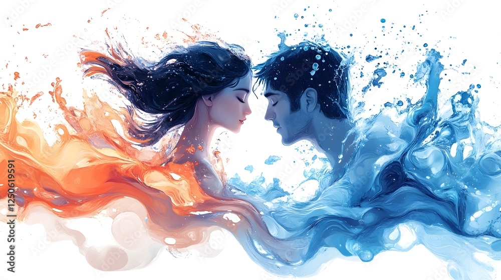 Aufkleber vibrant water and fire elemental collision surreal digital art painting depicting the dynamic intera