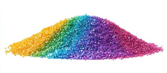 Vibrant pile of colorful sand showcasing a gradient of rainbow hues isolated on a clean white background side view image.