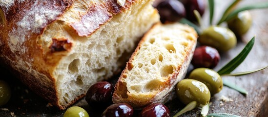 Mediterranean bread with olives showcasing intricate details and texture on a rustic wooden surface