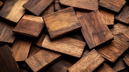 Close up of a textured pile of brown wood parquet pieces showcasing natural grain patterns and varying shades of wood.