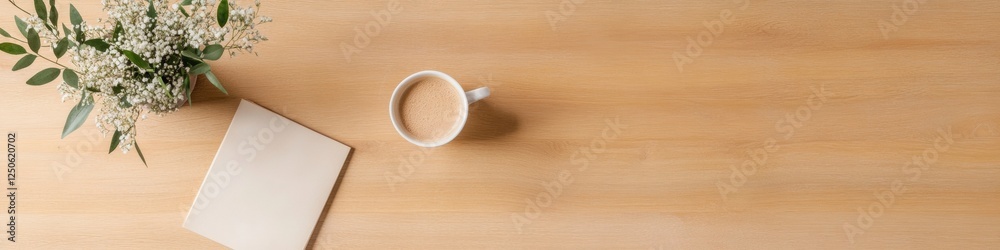 Aufkleber minimalist desk aesthetic warm wood surface with notebook and latte - creative workspace content and