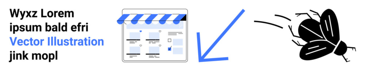 Shopping website represented by storefront icon with arrow directing to flying abstract insect. Ideal for e-commerce, digital marketing, user experience, direct marketing, online navigation, customer