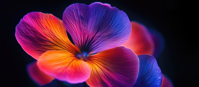 Vibrant flower close-up with photonegative color inversion effect on a dark background for artistic and creative use.