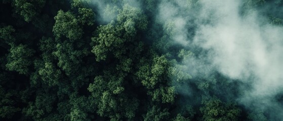 Aerial view of lush green forest canopy and misty clouds, capturing serene nature landscape, vegetation, and environmental beauty in idyllic wilderness setting.