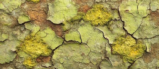 Textured wall surface with peeling paint and patches of moss showcasing a blend of green and earthy tones ideal for natural backgrounds.