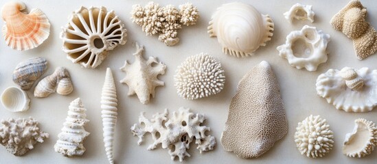 Diverse collection of coral and shell fossils displayed on a neutral background showcasing natural textures and forms