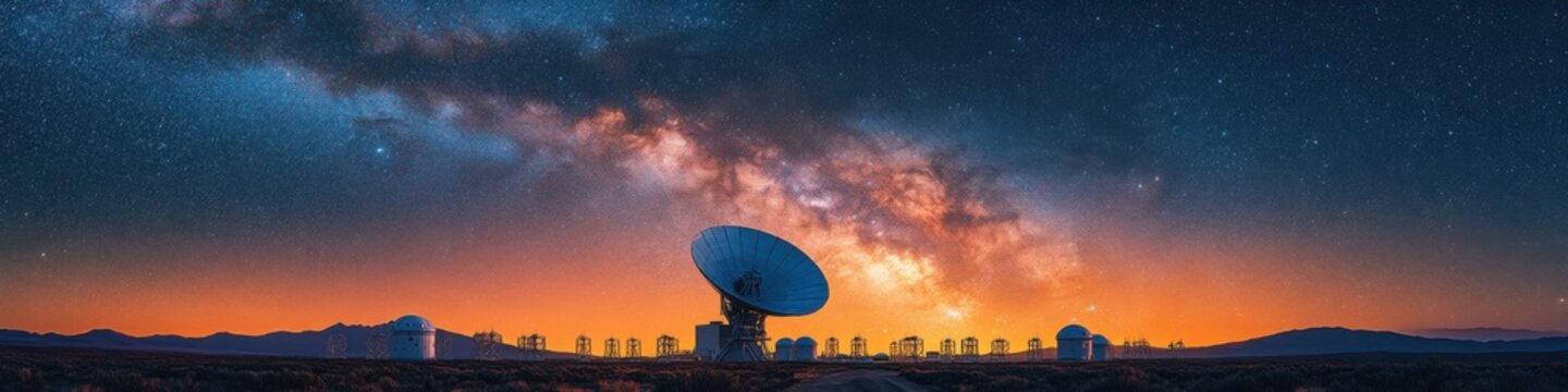 Radio telescope array aligned under the Milky Way, scanning deep space for cosmic signals at twilight in a remote observatory.

