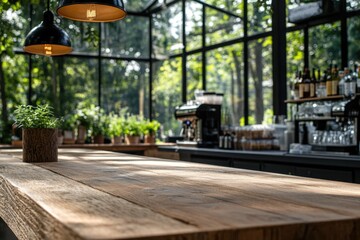 Wooden bar counter in a modern greenhouse cafe
